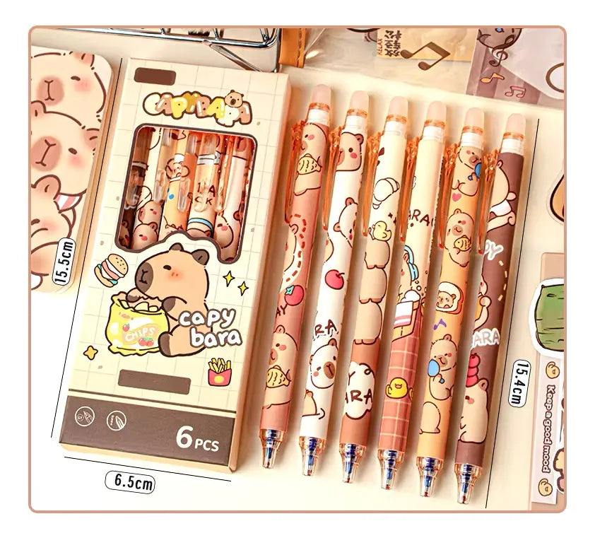 Kit 6 Canetas Apagáveis Capivara Filó Papelaria Fofa Kawaii